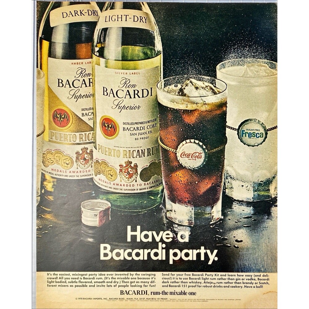 BACARDI RUM "the mixable one; Have a Bacardi Party" Vintage Print Ad 1970